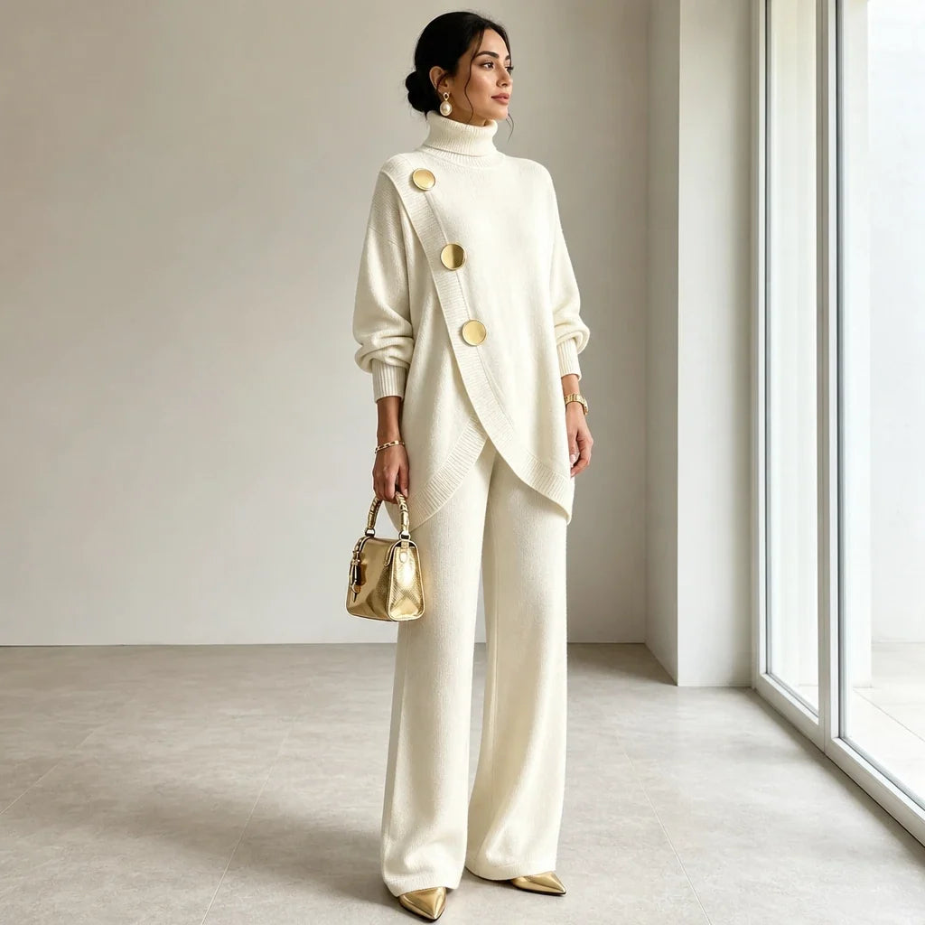 Knit two-piece set with gold buttons and an asymmetrical cut