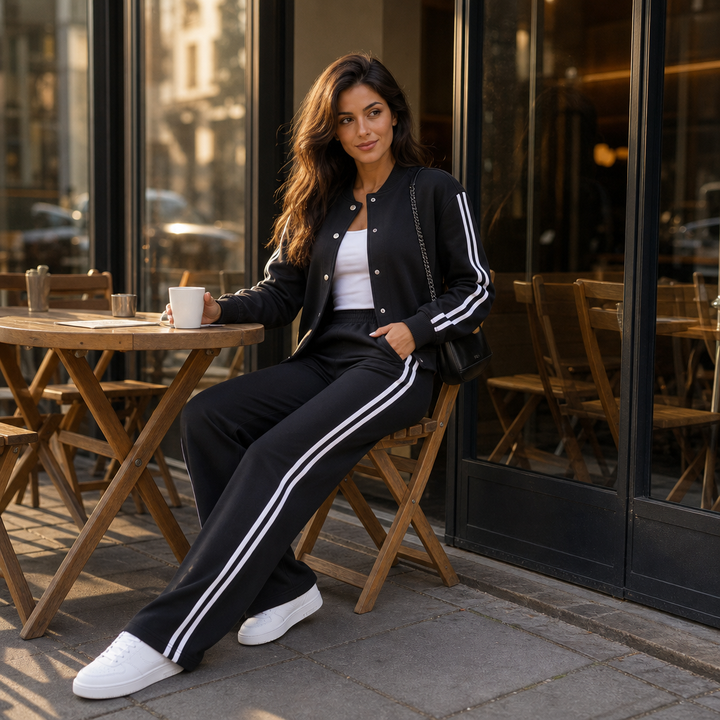 Damen Loungewear Zweiteiler Hohe Taille Kontraststreifen Weites Bein