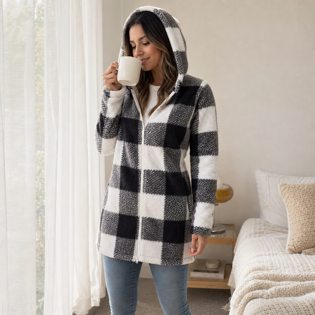 Damen Karo Hoodie-Jacke Mit Reißverschluss