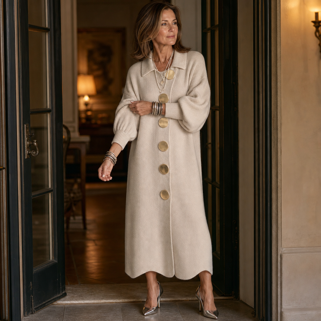 Damen Rippstrick Maxikleid Mit Laternenärmeln Und Goldenen Knöpfen