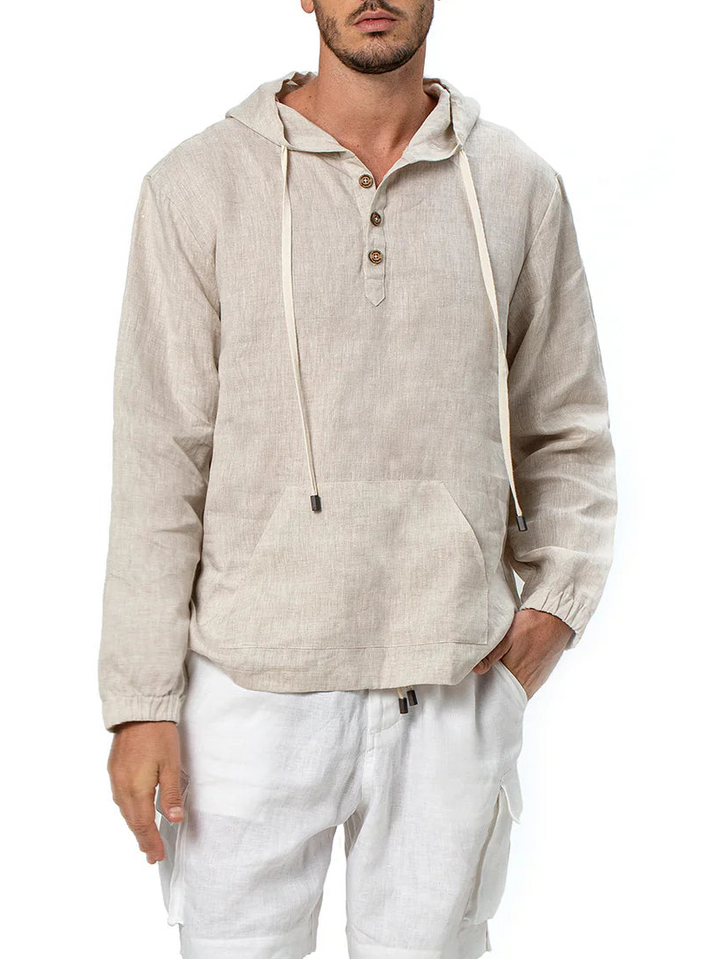 Herren Leichter Leinen Hoodie – Langarm Shirt Mit Kordelzug