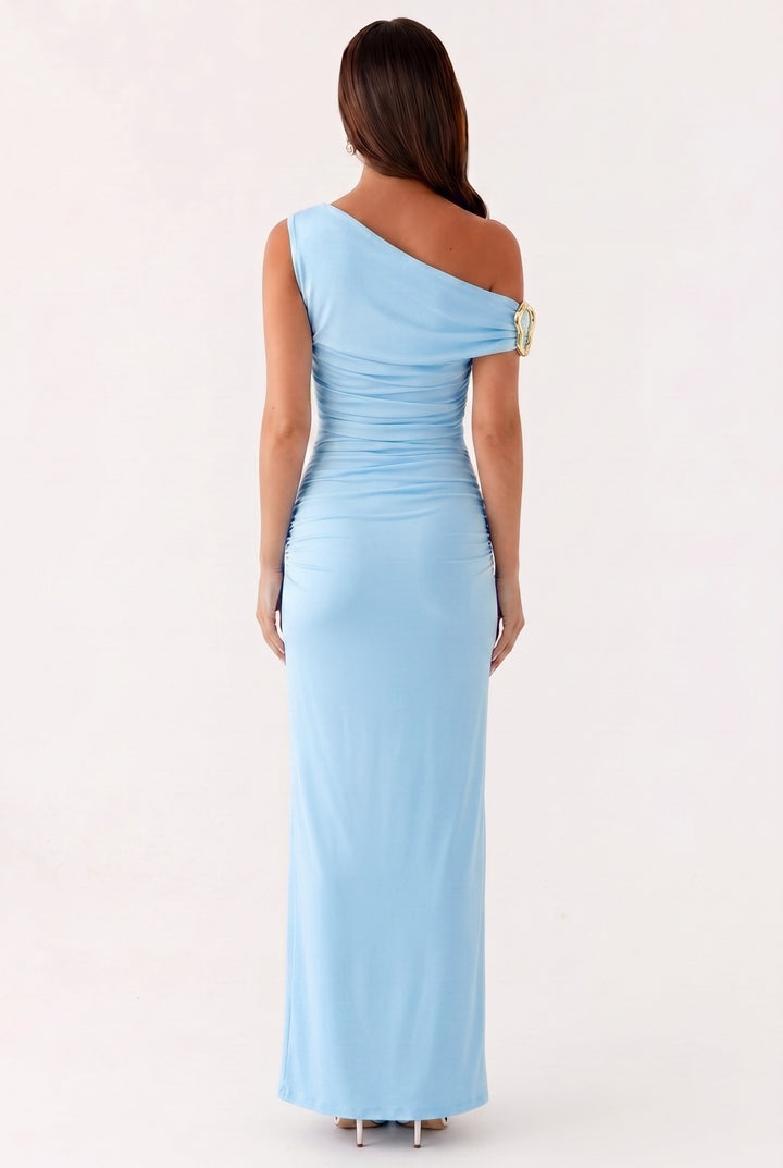 Damen Einfarbiges Maxikleid Mit Asymmetrischem Ausschnitt – Abendkleid