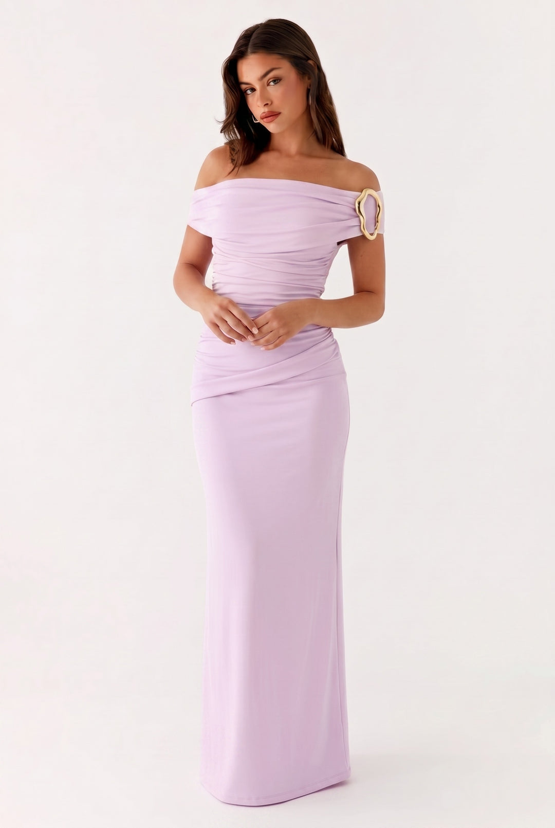 Damen Einfarbiges Maxikleid Mit Asymmetrischem Ausschnitt – Abendkleid