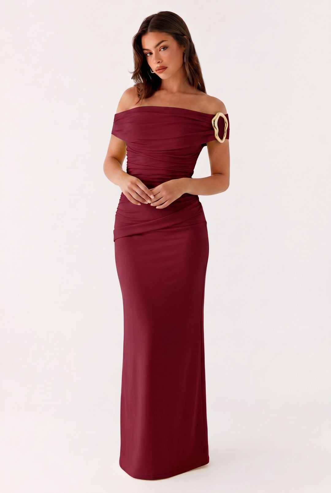 Damen Einfarbiges Maxikleid Mit Asymmetrischem Ausschnitt – Abendkleid