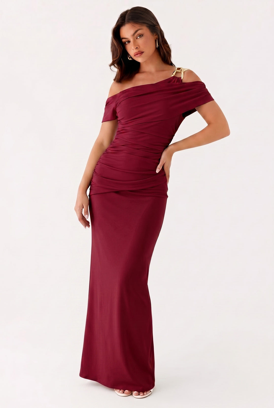 Damen Einfarbiges Maxikleid Mit Asymmetrischem Ausschnitt – Abendkleid