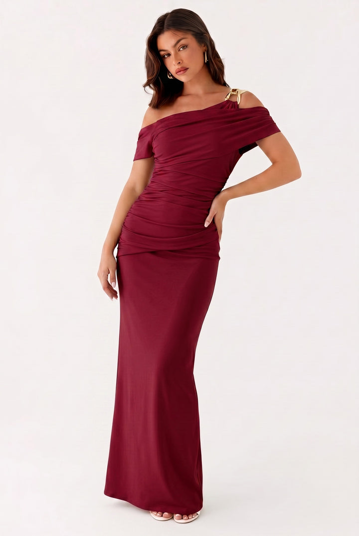 Damen Einfarbiges Maxikleid Mit Asymmetrischem Ausschnitt – Abendkleid