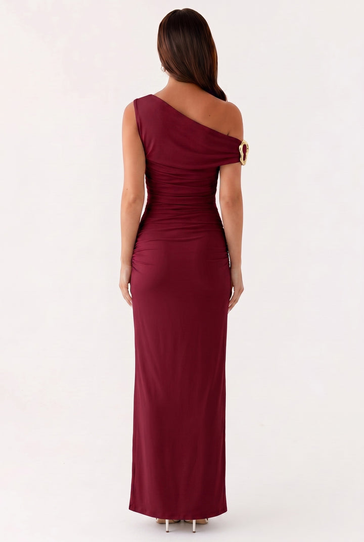 Damen Einfarbiges Maxikleid Mit Asymmetrischem Ausschnitt – Abendkleid