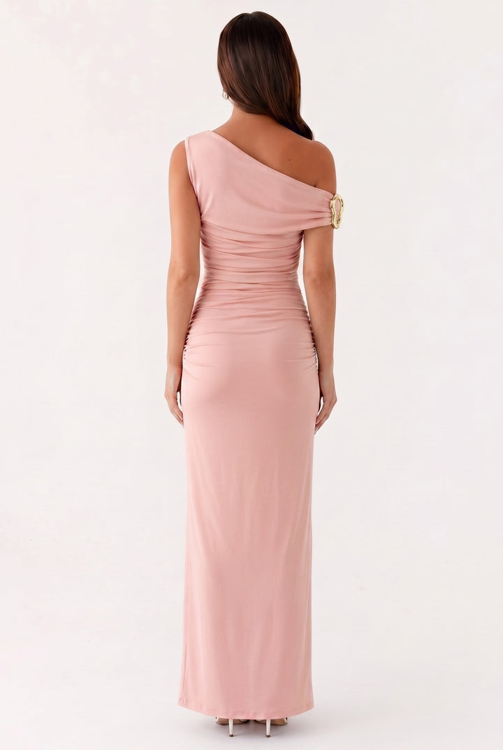 Damen Einfarbiges Maxikleid Mit Asymmetrischem Ausschnitt – Abendkleid
