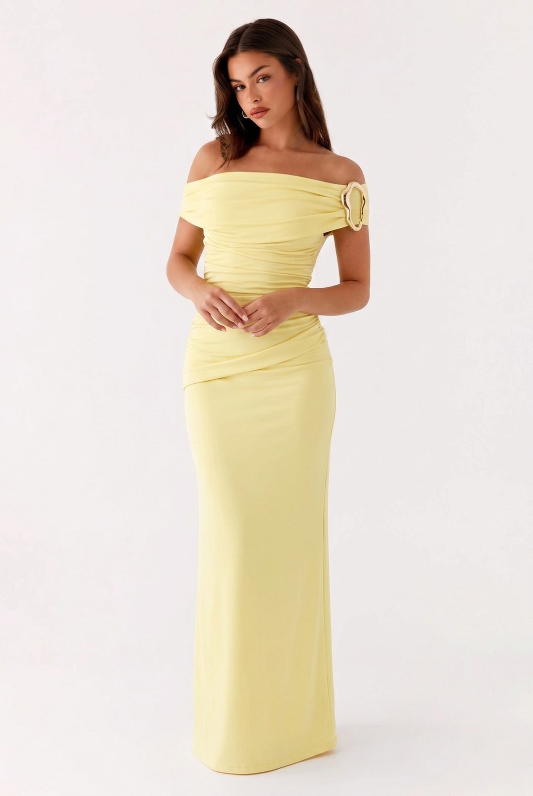 Damen Einfarbiges Maxikleid Mit Asymmetrischem Ausschnitt – Abendkleid
