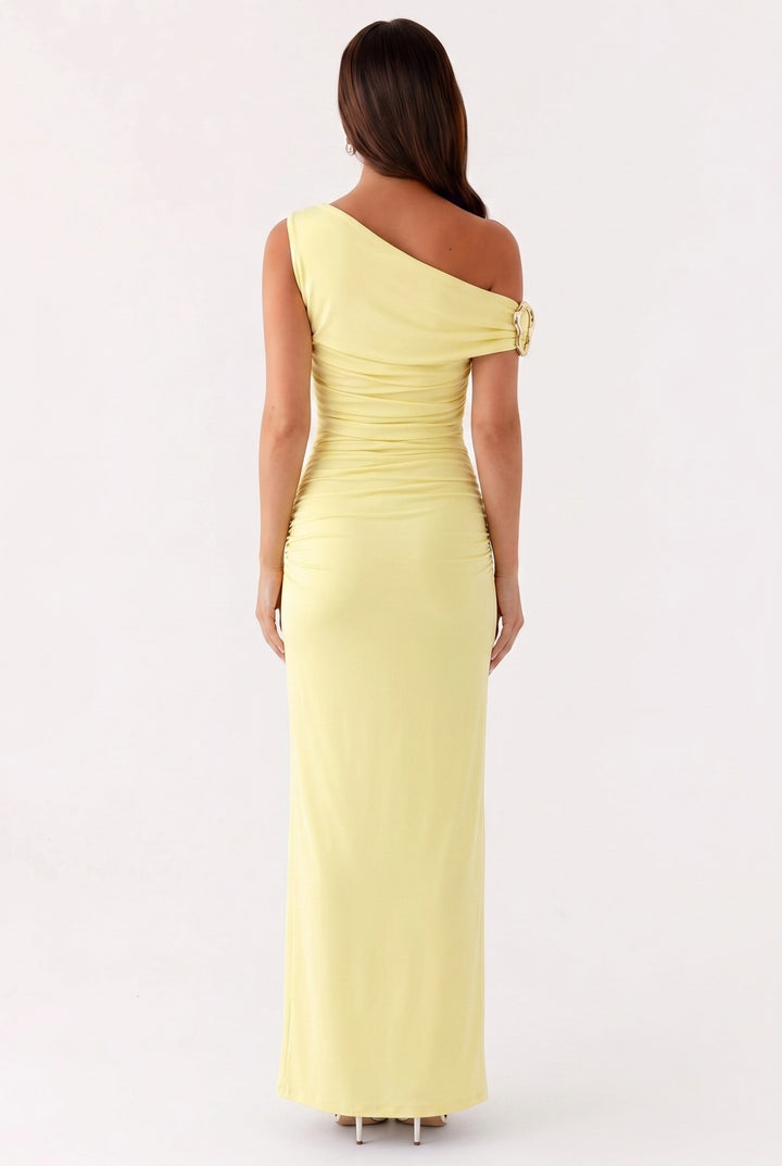 Damen Einfarbiges Maxikleid Mit Asymmetrischem Ausschnitt – Abendkleid