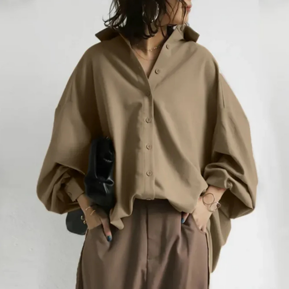 Elegant Oversize Blouse – Vegan Silk Blend, Puff Sleeves, Boho Style