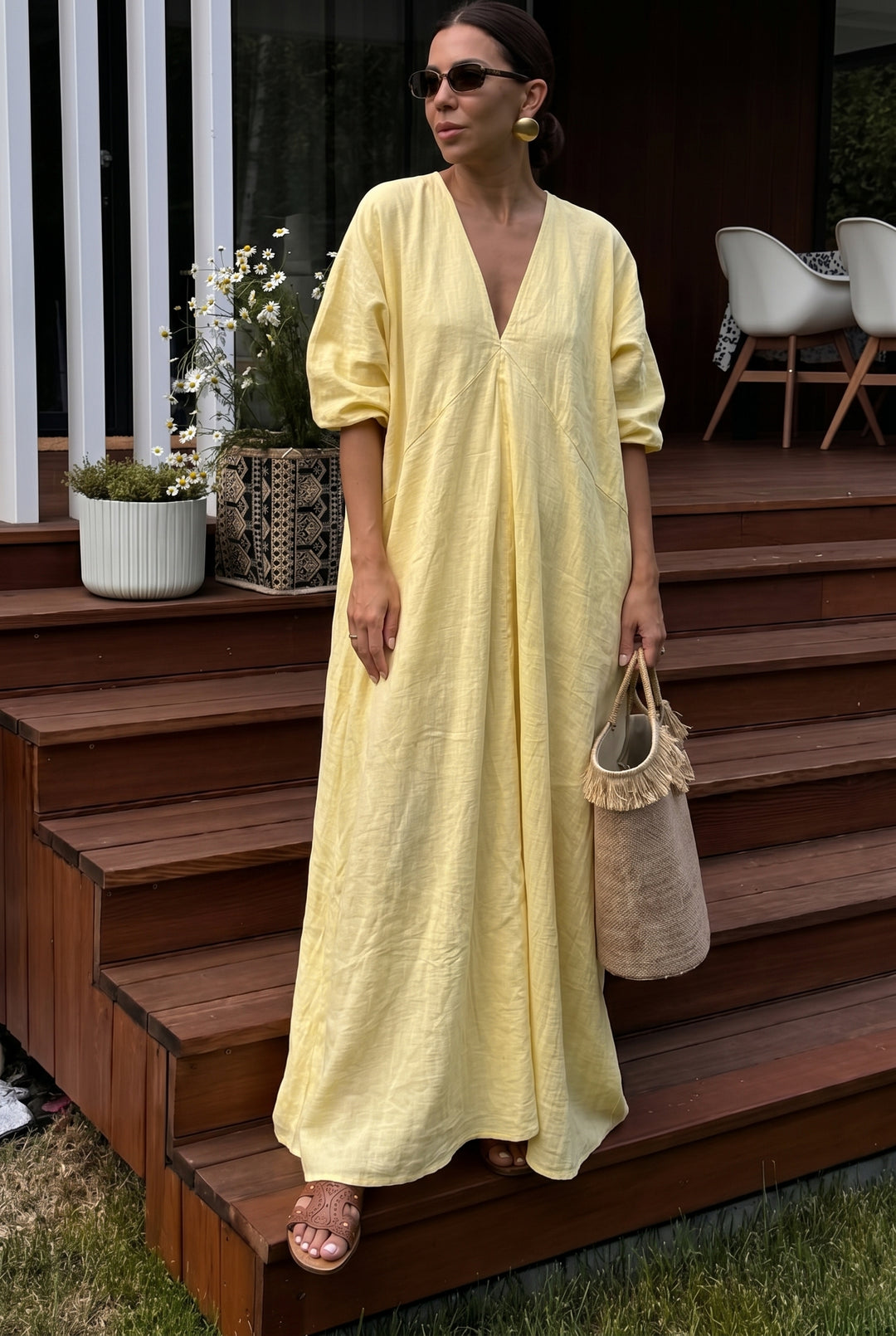 Damen Leinen Maxikleid mit V-Ausschnitt – Lockeres Sommerkleid – Foto 1