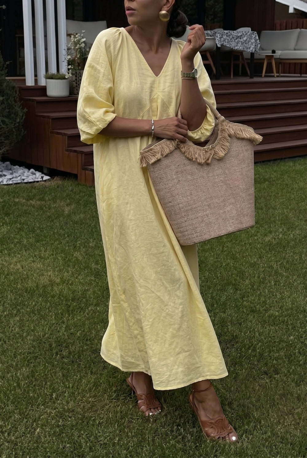 Damen Leinen Maxikleid mit V-Ausschnitt – Lockeres Sommerkleid – Foto 2