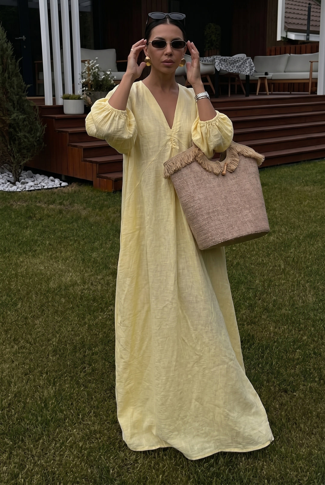 Damen Leinen Maxikleid mit V-Ausschnitt – Lockeres Sommerkleid – Foto 4