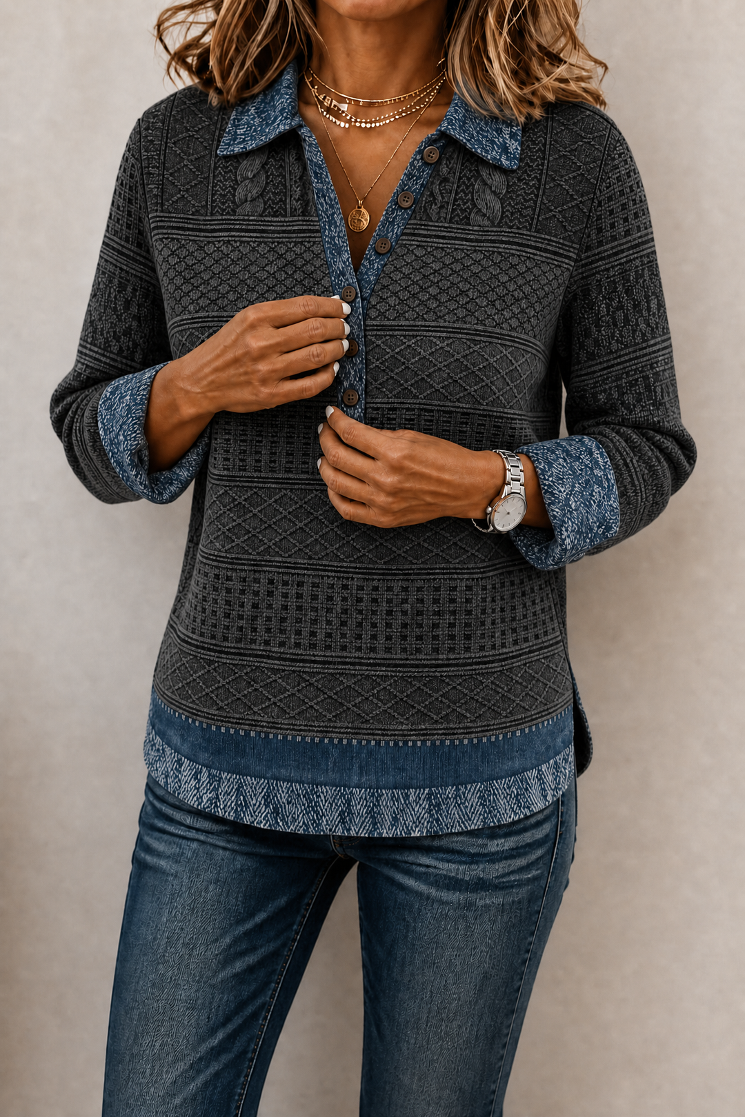 Damen Bluse Mit Denim Patchwork Und Strick