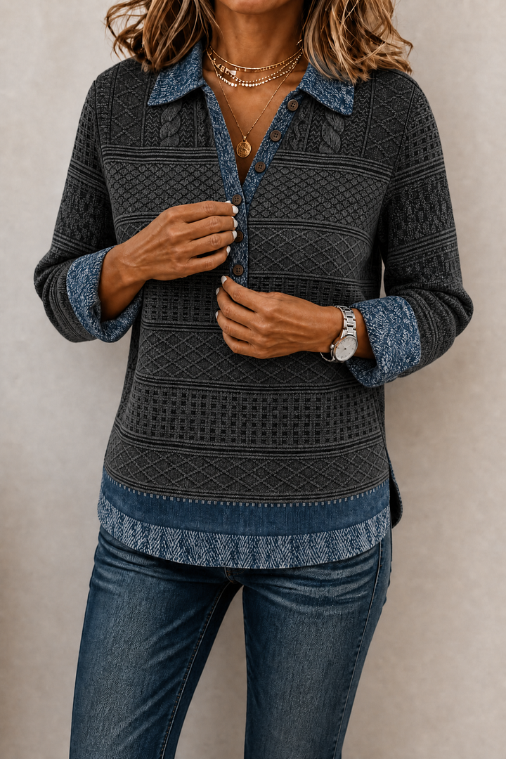 Damen Bluse Mit Denim Patchwork Und Strick