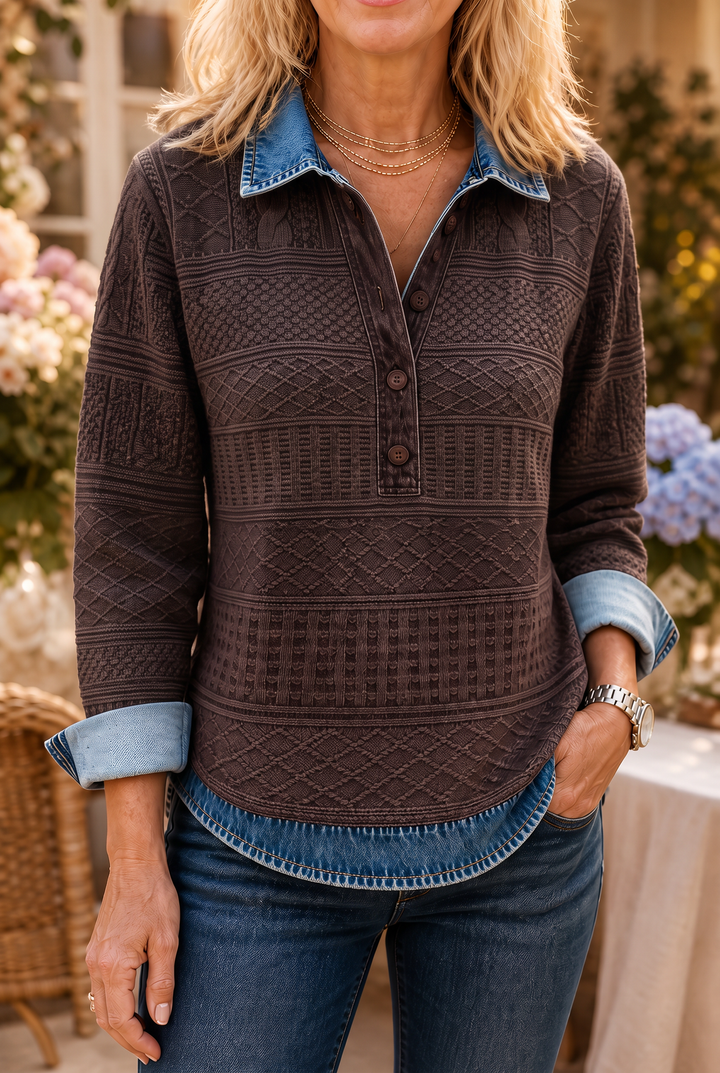 Damen Bluse Mit Denim Patchwork Und Strick