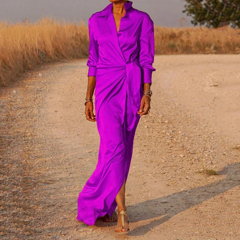 Robe maxi femme en chiffon avec effet drapé et manches longues