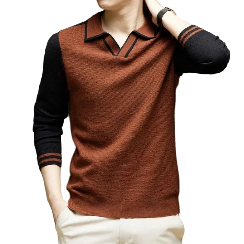 Herren Langarm Polo-Pullover mit Kontrastkragen und Rippdetails