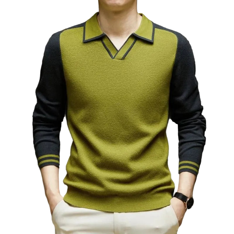 Herren Langarm Polo-Pullover mit Kontrastkragen und Rippdetails