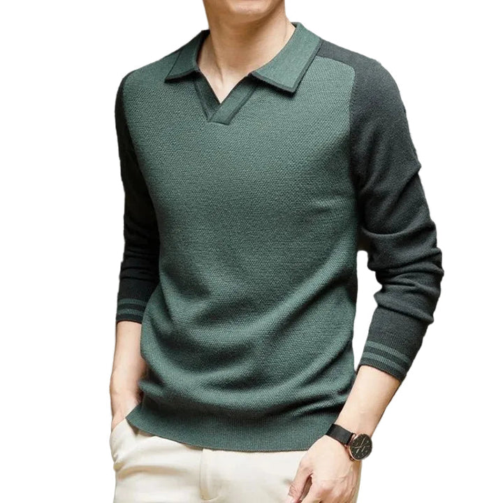 Herren Langarm Polo-Pullover mit Kontrastkragen und Rippdetails