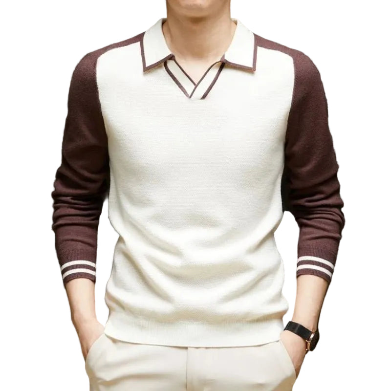 Herren Langarm Polo-Pullover mit Kontrastkragen und Rippdetails