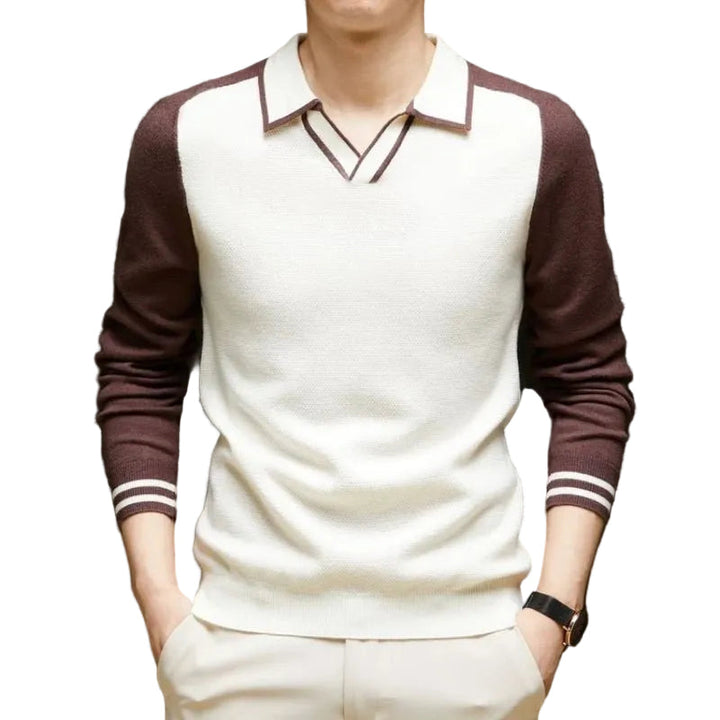 Herren Langarm Polo-Pullover mit Kontrastkragen und Rippdetails