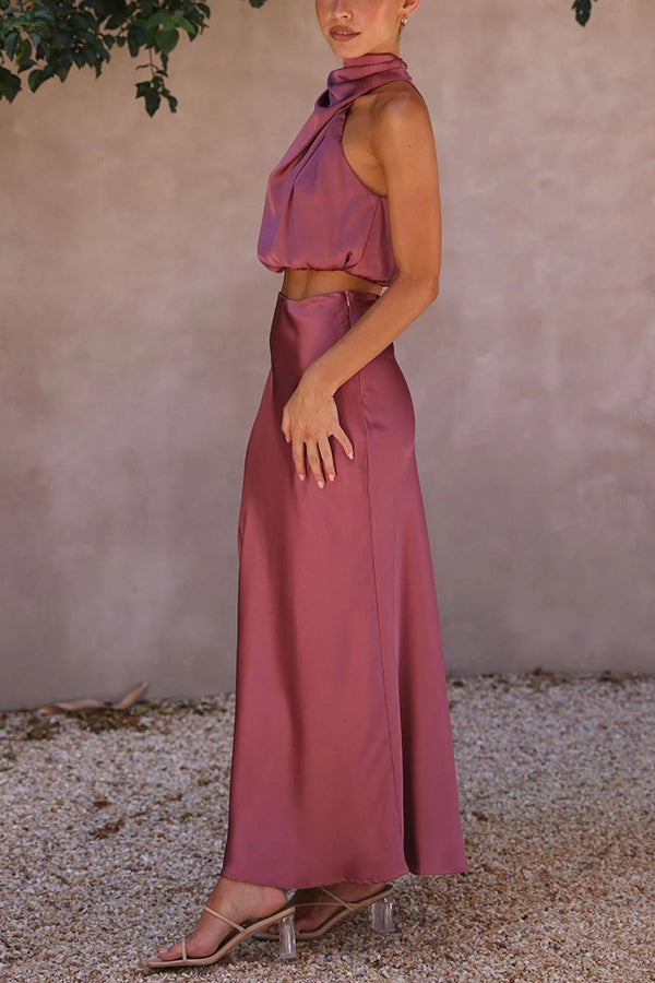 Women's two-piece set made of satin – Elegant co-ord set with blouse and pants