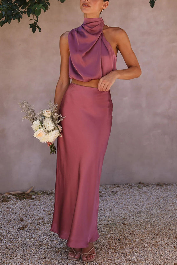 Women's two-piece set made of satin – Elegant co-ord set with blouse and pants