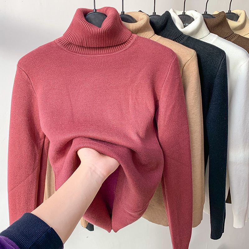 Damski dopasowany sweter z golfem z cienkiej dzianiny ze stretchem i prążkowanymi mankietami