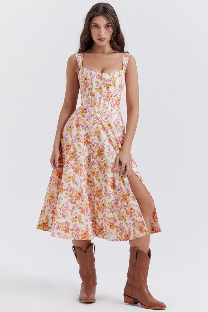 Damen-Midikleid aus Viskose mit Blumenmuster und V-Ausschnitt