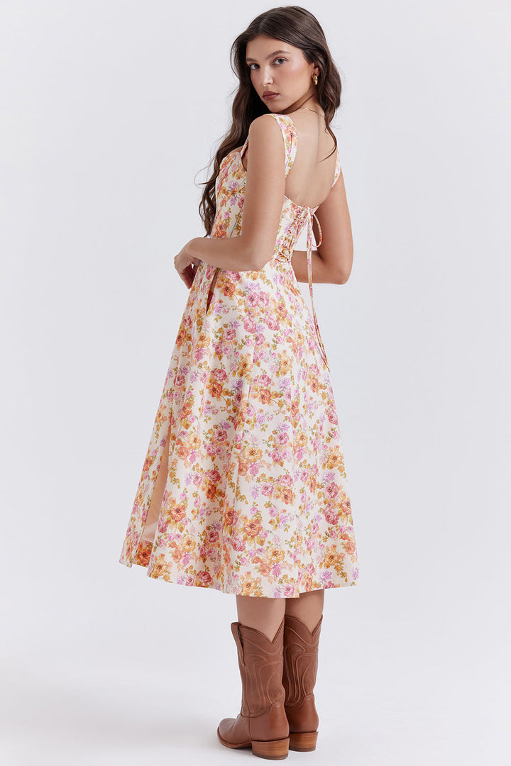 Damen-Midikleid aus Viskose mit Blumenmuster und V-Ausschnitt