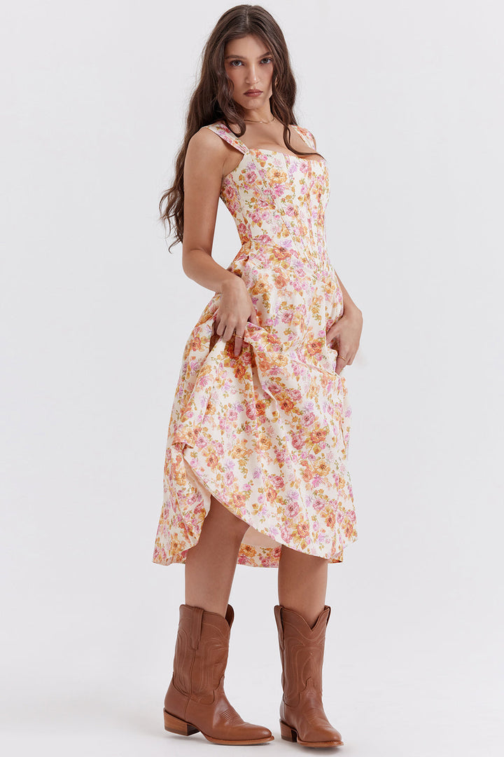 Damen-Midikleid aus Viskose mit Blumenmuster und V-Ausschnitt