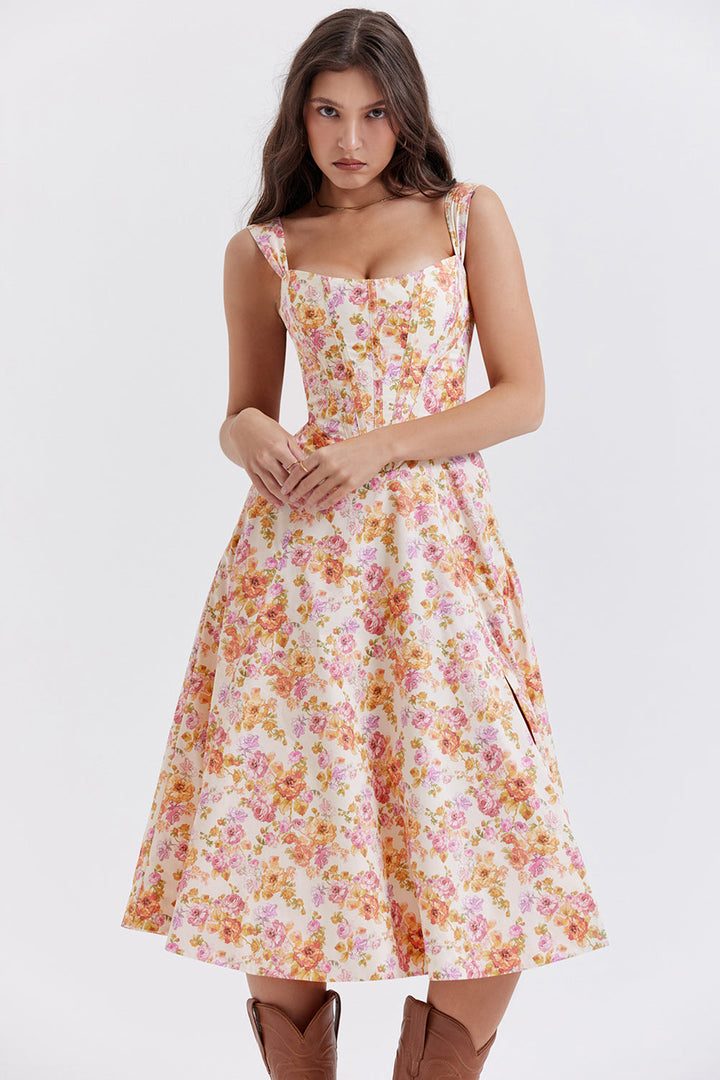 Damen-Midikleid aus Viskose mit Blumenmuster und V-Ausschnitt