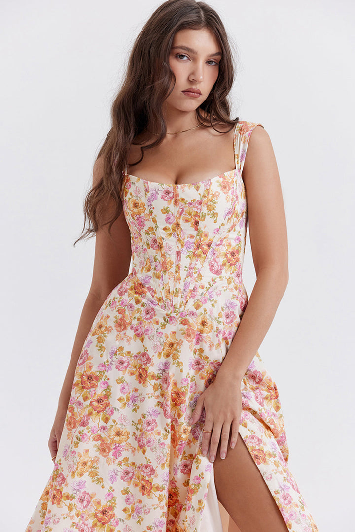 Damen-Midikleid aus Viskose mit Blumenmuster und V-Ausschnitt