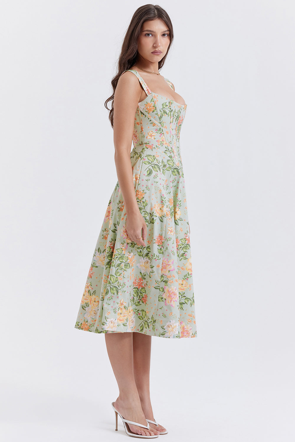 Damen-Midikleid aus Viskose mit Blumenmuster und V-Ausschnitt