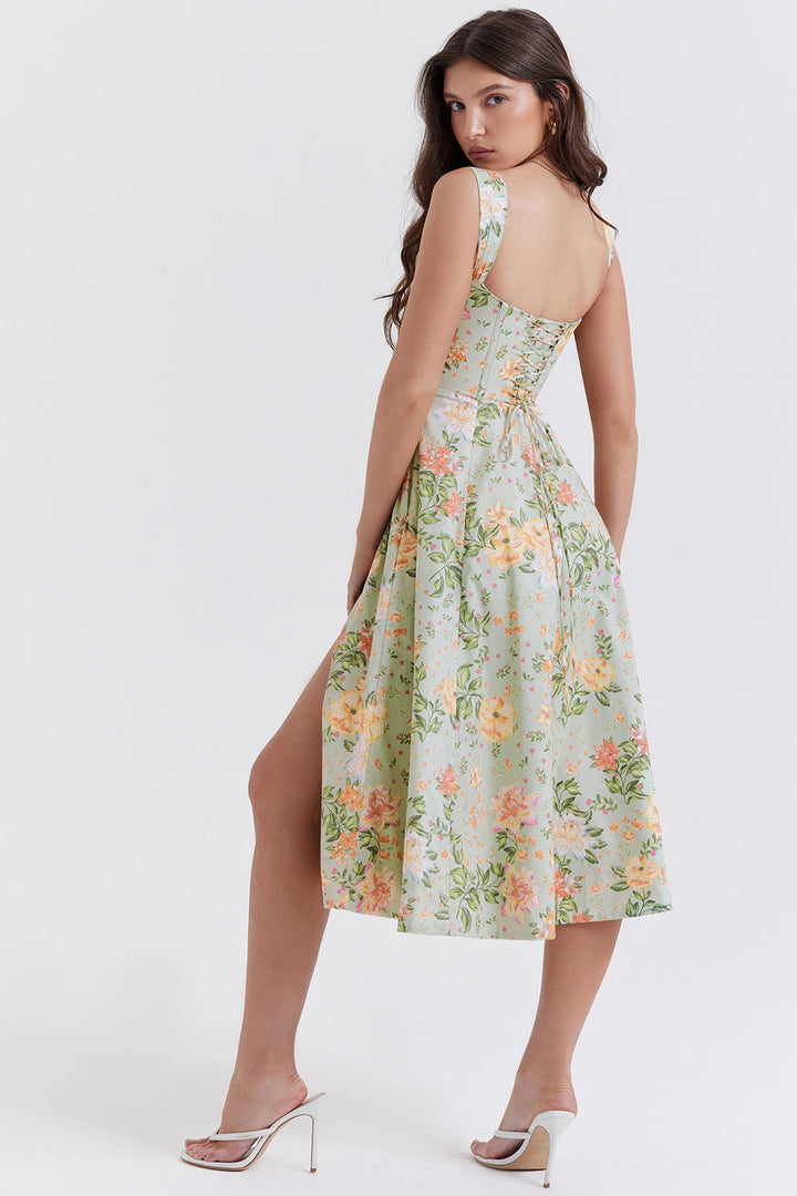 Damen-Midikleid aus Viskose mit Blumenmuster und V-Ausschnitt