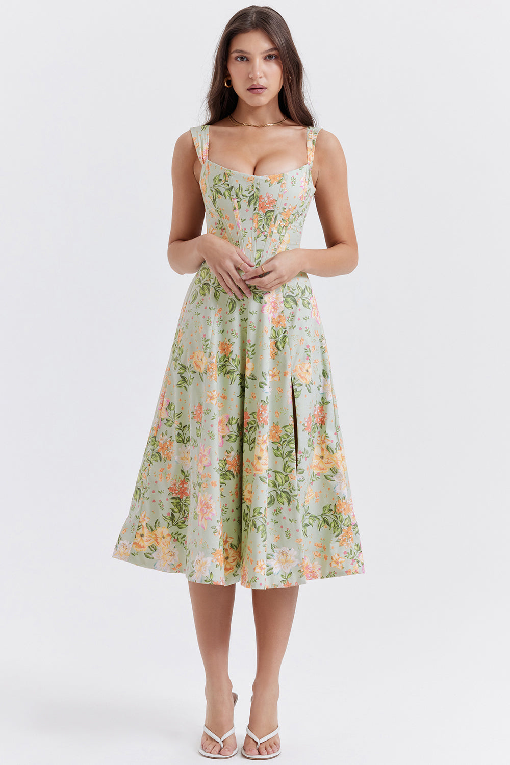 Damen-Midikleid aus Viskose mit Blumenmuster und V-Ausschnitt
