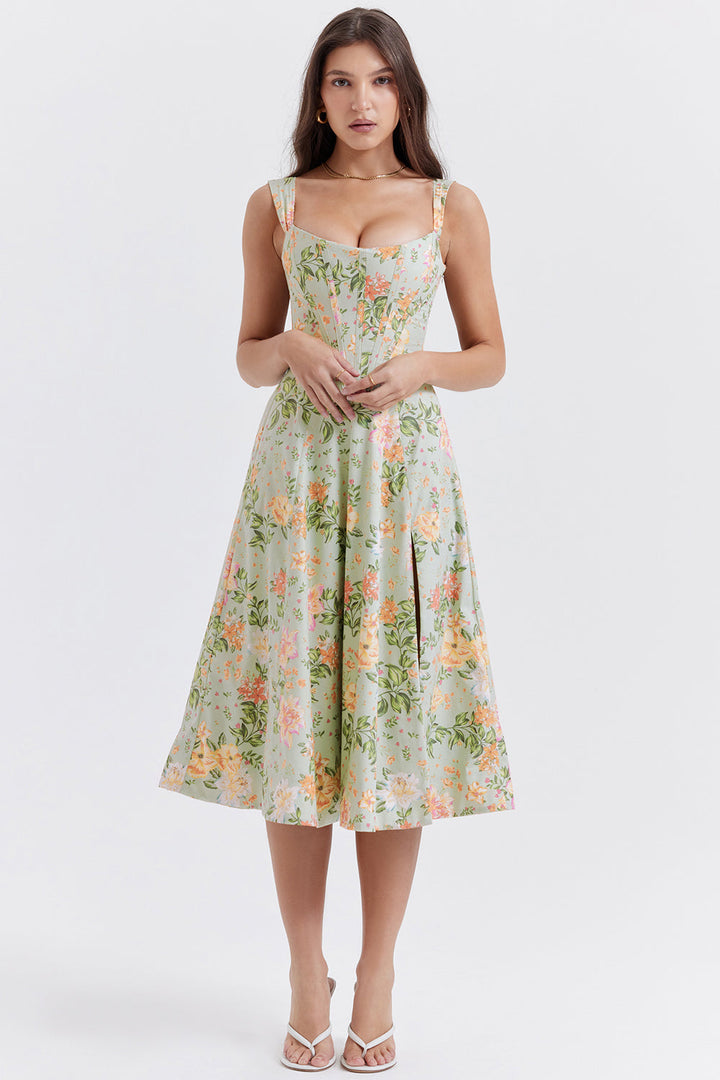 Damen-Midikleid aus Viskose mit Blumenmuster und V-Ausschnitt