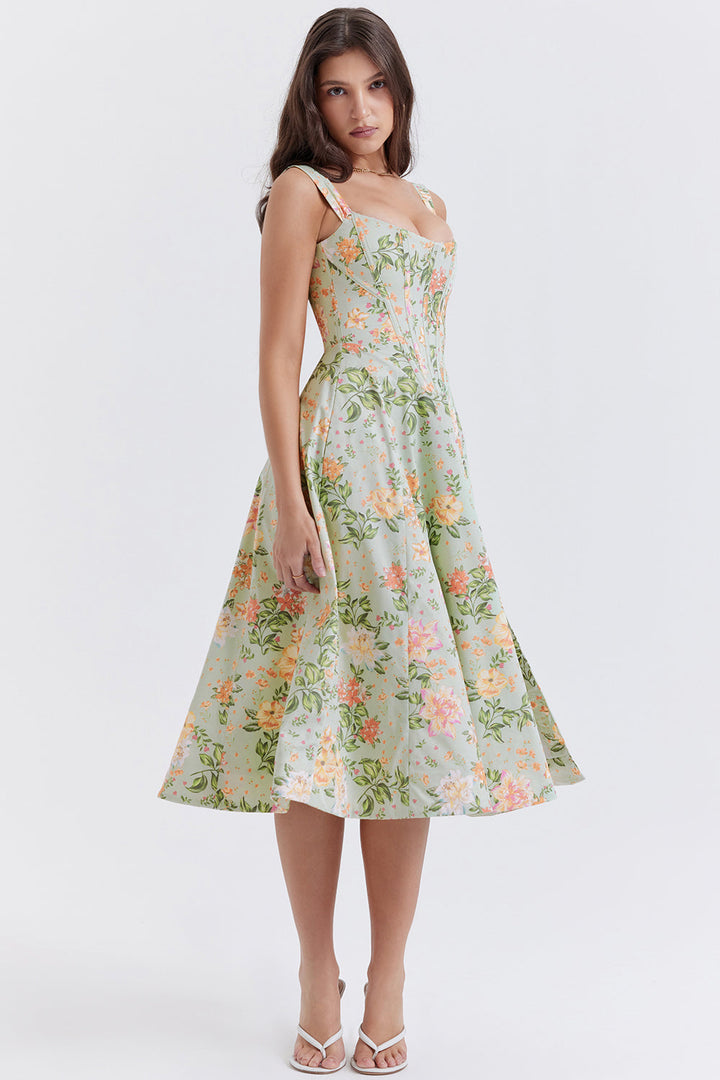 Damen-Midikleid aus Viskose mit Blumenmuster und V-Ausschnitt