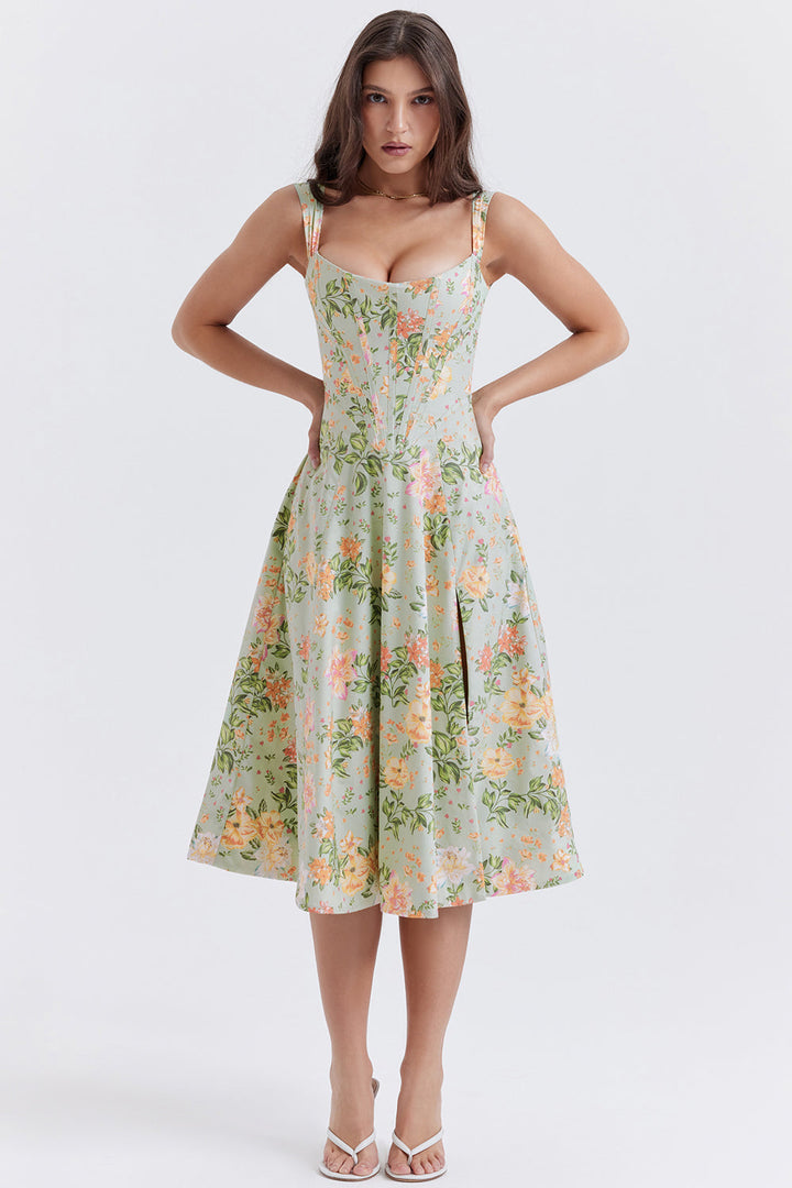 Damen-Midikleid aus Viskose mit Blumenmuster und V-Ausschnitt