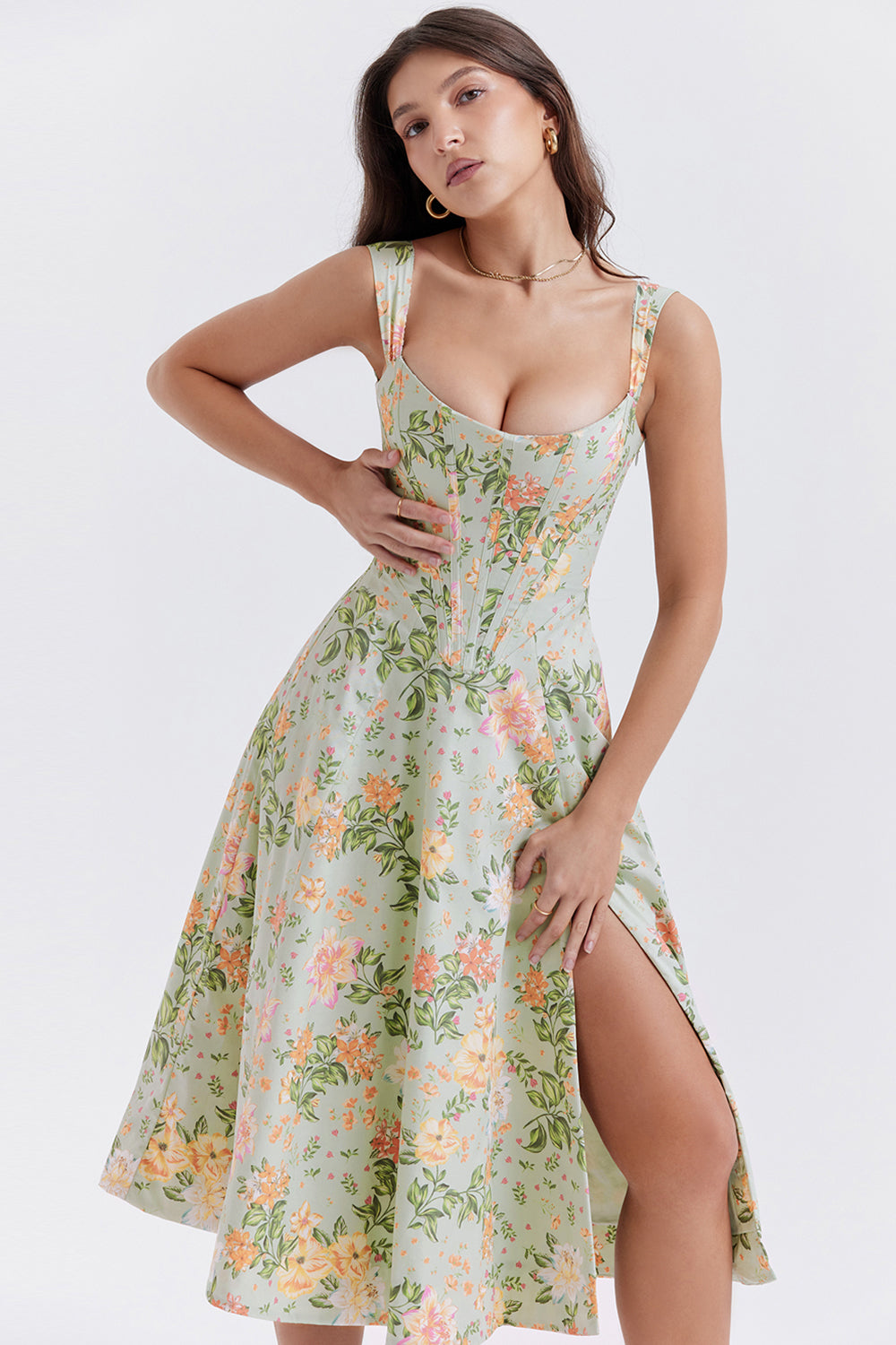 Damen-Midikleid aus Viskose mit Blumenmuster und V-Ausschnitt