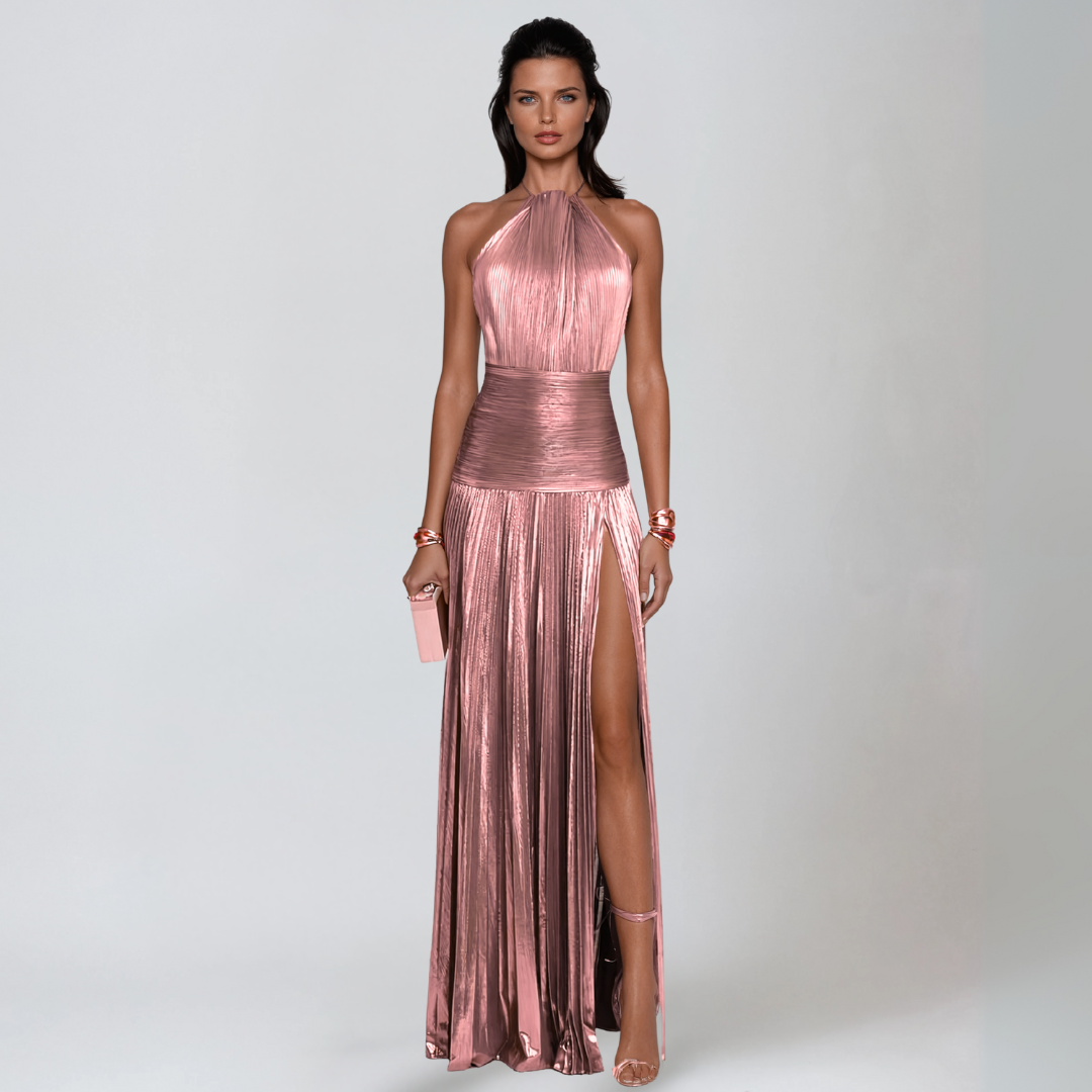 Robe maxi métallisée dos nu pour femme - Fente avant glamour de soirée