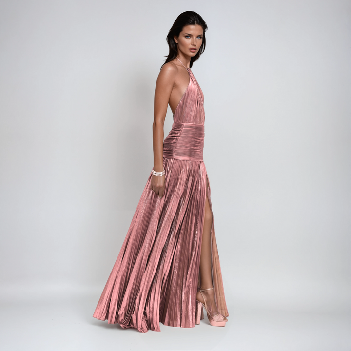 Robe maxi métallisée dos nu pour femme - Fente avant glamour de soirée