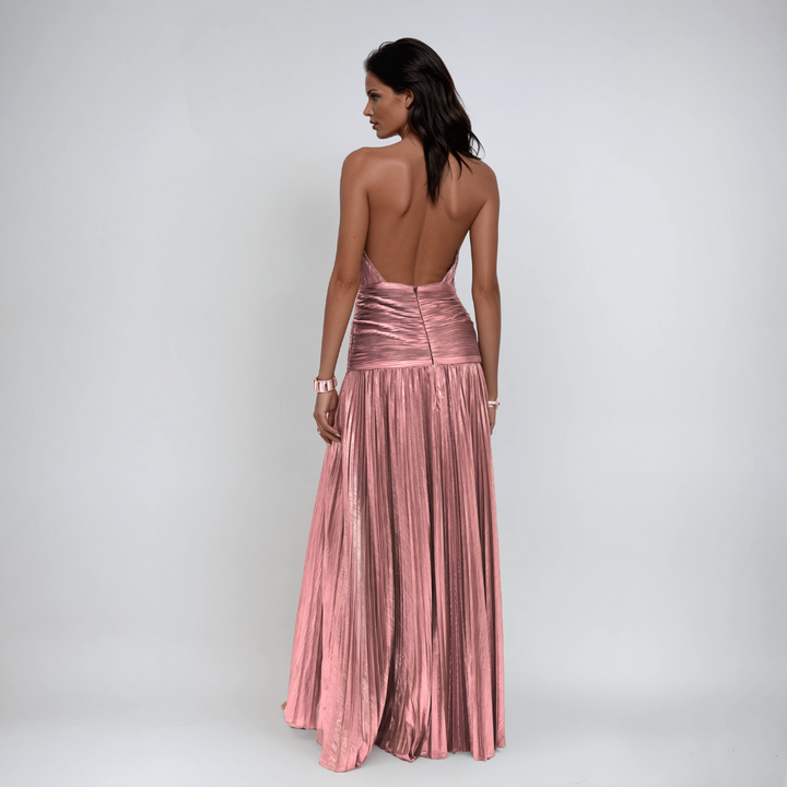 Robe maxi métallisée dos nu pour femme - Fente avant glamour de soirée
