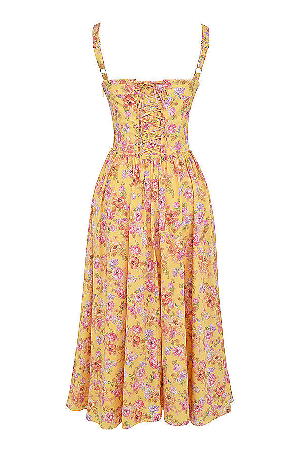 Damen-Midikleid aus Viskose mit Blumenmuster und V-Ausschnitt