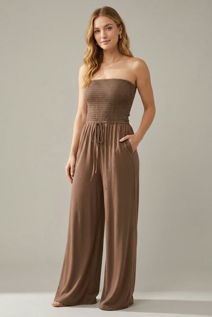 Schulterfreier Smock-Jumpsuit – Coffee