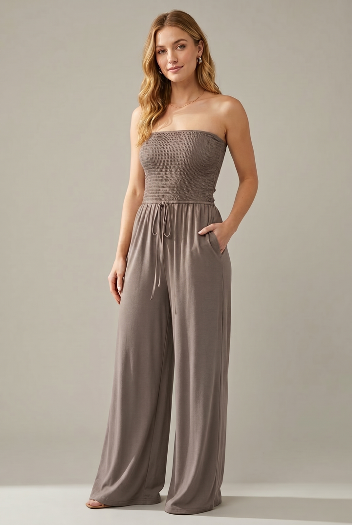 Schulterfreier Smock-Jumpsuit – Grau