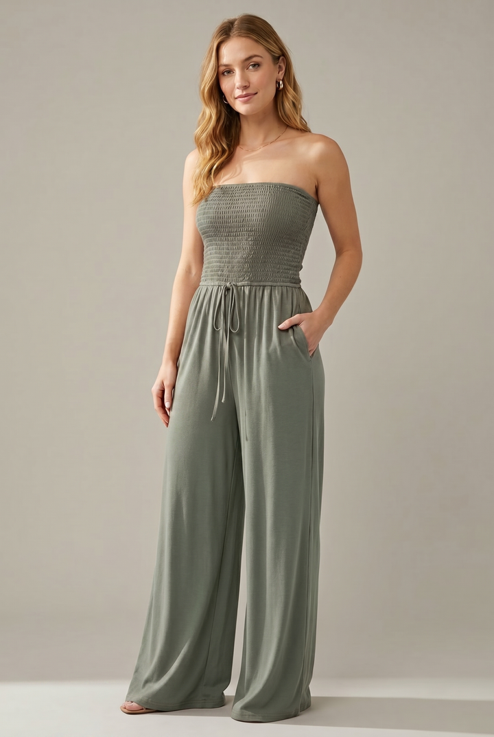Schulterfreier Smock-Jumpsuit – Salbei