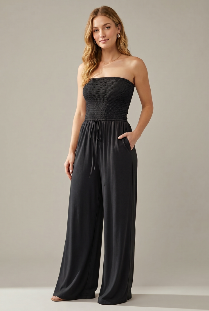Schulterfreier Smock-Jumpsuit – Schwarz